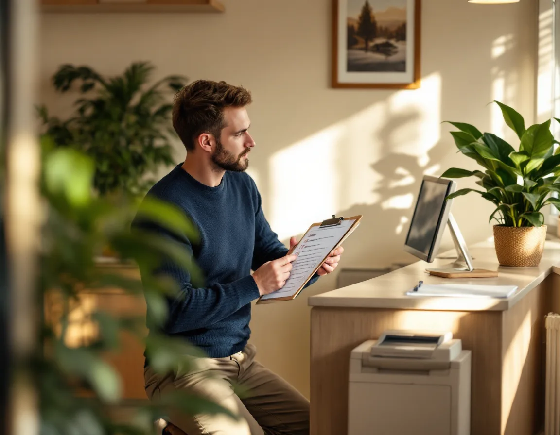 A consultant kneeling at a dental office reception desk, checking the workstation against a printed checklist.