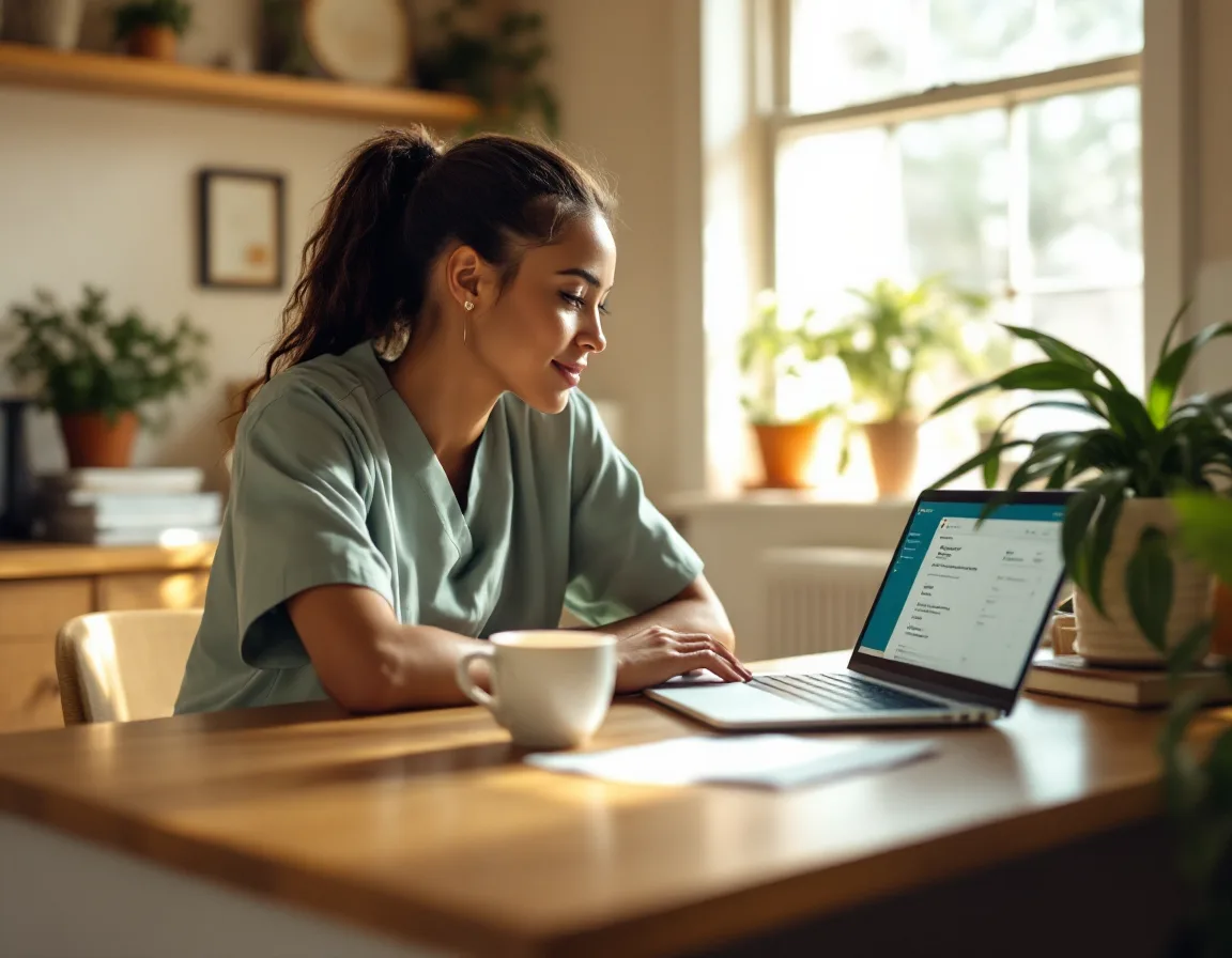 A staff member in scrubs studying an email on a laptop in a clinic break room.