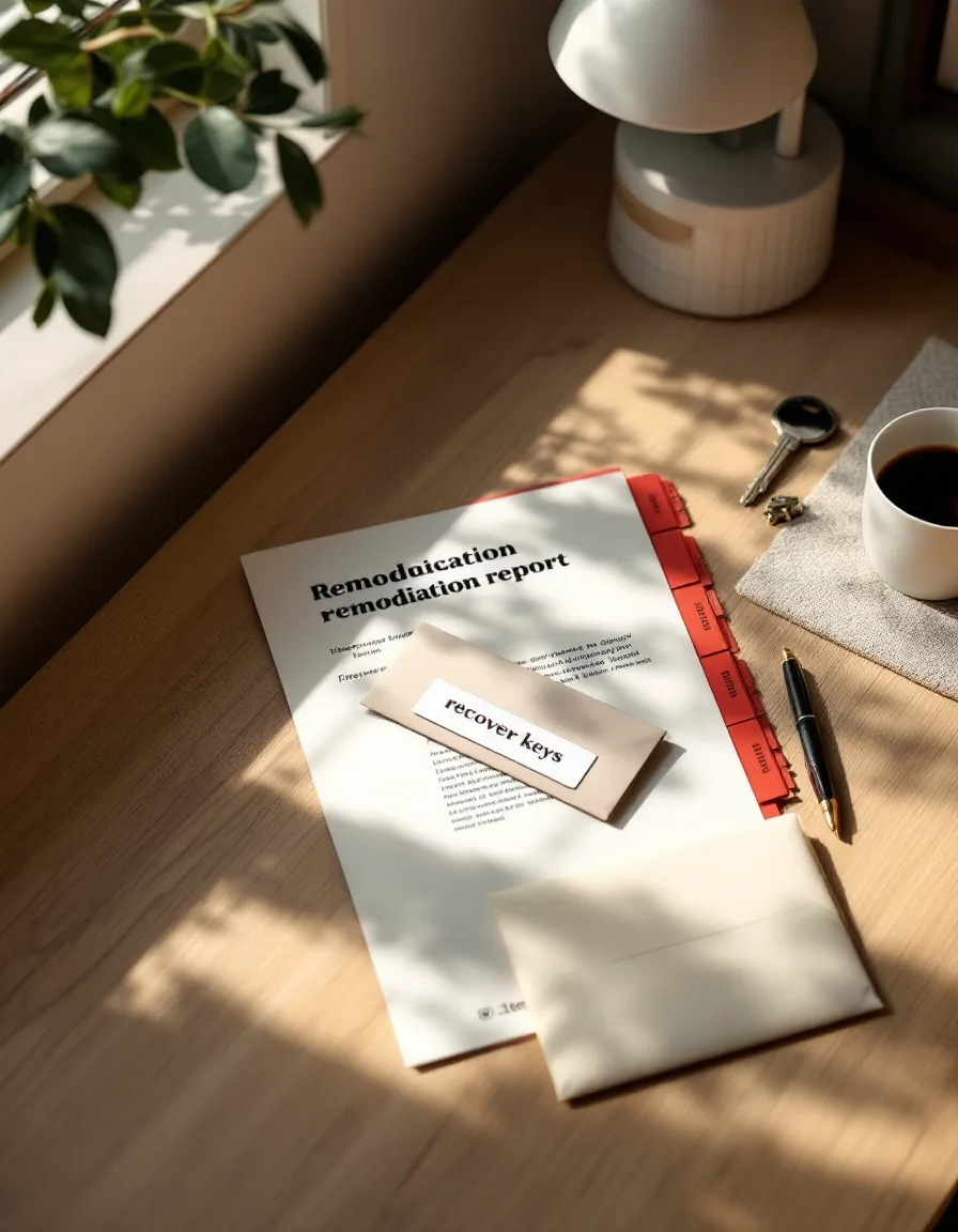 A printed remediation report with red tab dividers beside a security key and a sealed envelope of recovery keys on a clinic desk.